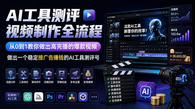 AI工具测评视频制作全流程，从0到1教你做出高完播的爆款视频，做出一个稳定接广告賺钱的AI工具测评号-稀缺资源库