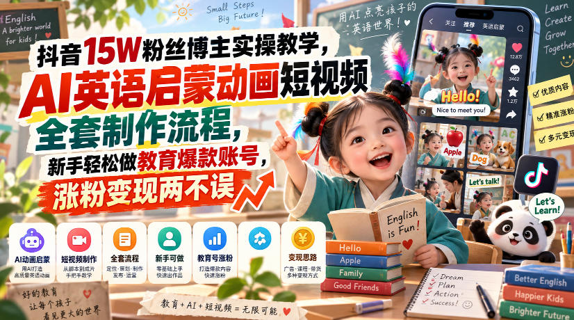 抖音15W粉丝博主实操教学，AI英语启蒙动画短视频全套制作流程，新手轻松做教育爆款账号，涨粉变现两不误-稀缺资源库