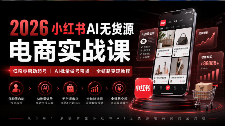 2026小红书AI无货源电商实战课｜低粉零启动起号｜AI批量做号带货全链路变现教程-稀缺资源库