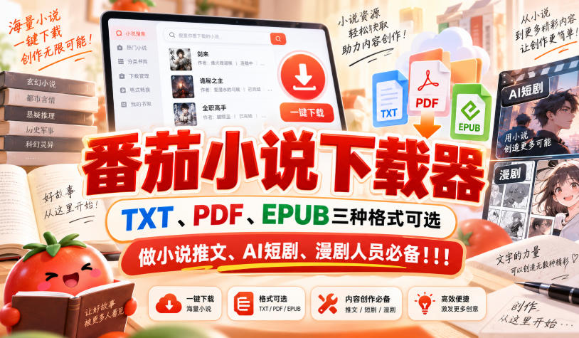 番茄小说下载器，TXT、PDF、EPUB三种格式可选，做小说推文、AI短剧、漫剧人员必备！！！-稀缺资源库
