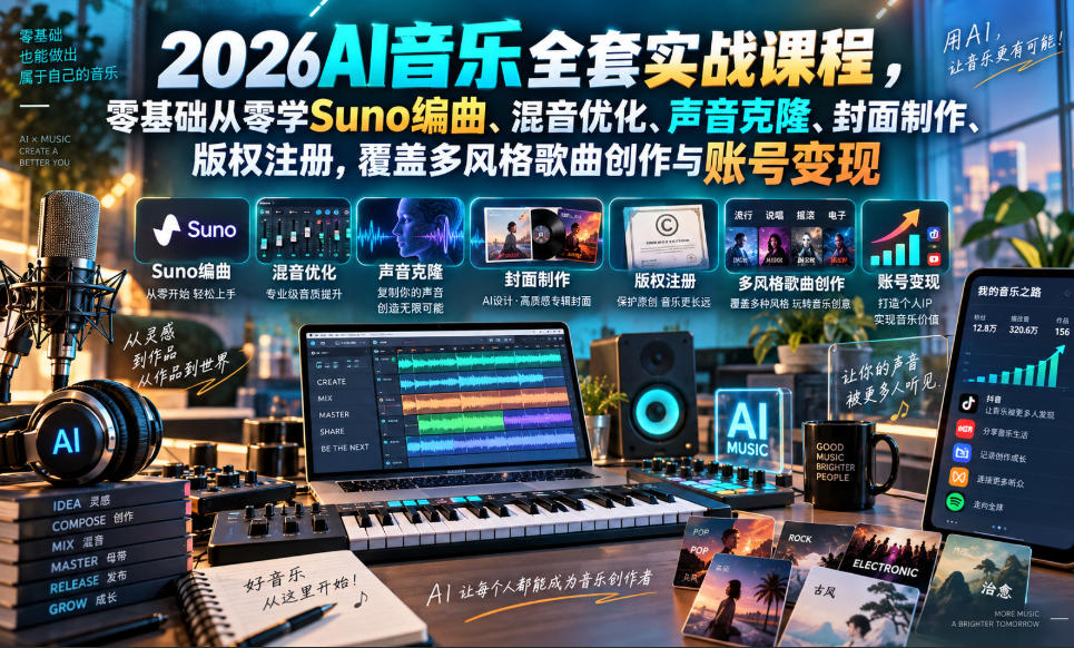 2026AI音乐实战课程，零基础从零学Suno编曲、混音优化、声音克隆、版权注册，覆盖多风格歌曲创作与账号变现-稀缺资源库