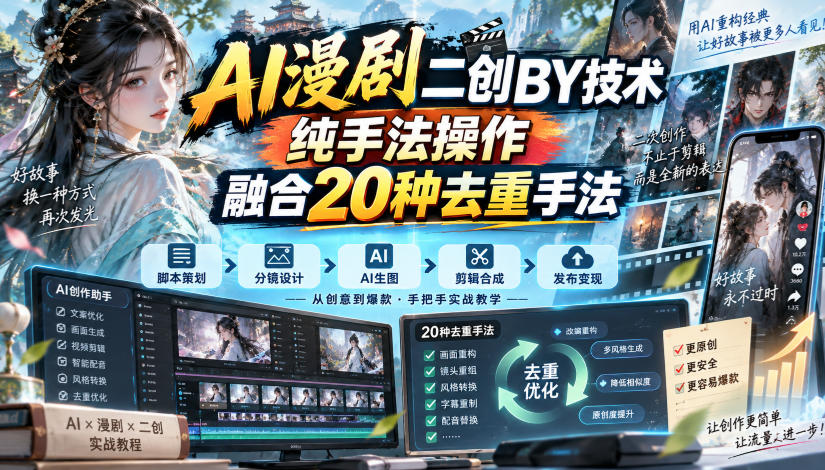 AI漫剧二创搬运技术，纯手法操作，融合20种去重手法-稀缺资源库