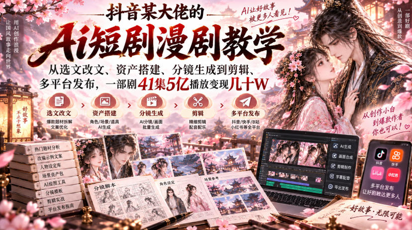抖音某大佬的Ai短剧漫剧教学，从选文改文、资产搭建、分镜生成到剪辑、多平台发布，一部剧41集5亿播放变现几十W-稀缺资源库