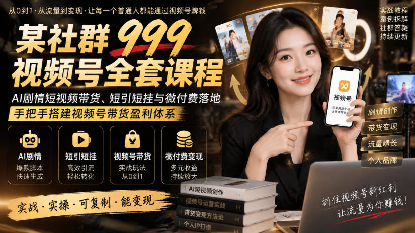 某社群999视频号全套课程，AI剧情短视频带货、短引短挂与微付费落地，手把手搭建视频号带货盈利体系-稀缺资源库