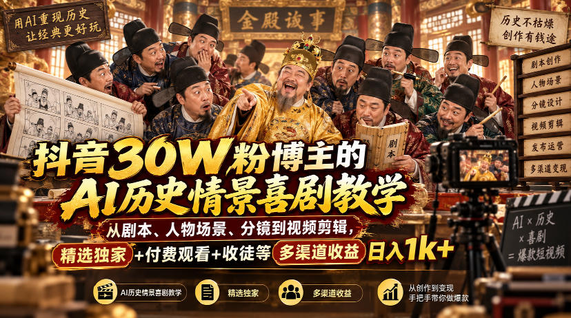 抖音30W粉博主的AI历史情景喜剧教学，从剧本、人物场景、分镜到视频剪辑，精选独家+付费观看+收徒等多渠道收益日入1k+-稀缺资源库