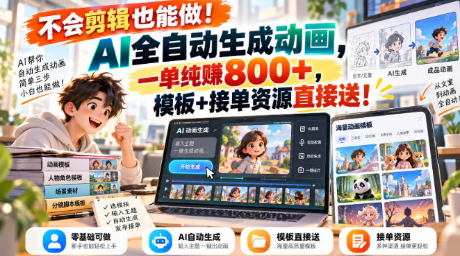 不会剪辑也能做！AI全自动生成动画，一单纯賺800+，模板+接单资源直接送！【揭秘】-稀缺资源库