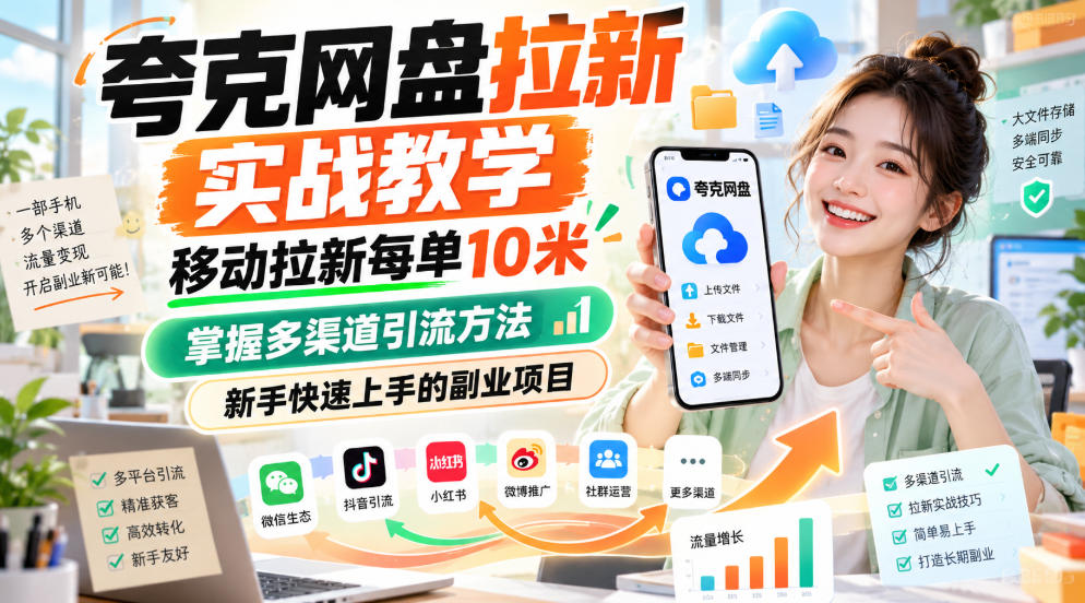 夸克网盘拉新实战教学，移动拉新每单10米，掌握多渠道引流方法，新手快速上手的副业项目-稀缺资源库