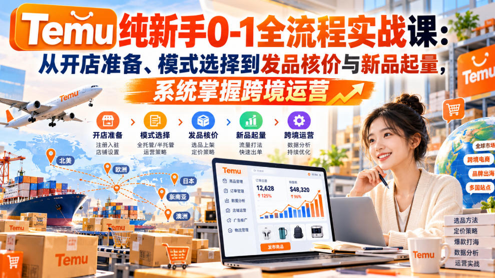 【无水印】Temu纯新手0-1全流程实战课：从开店准备、模式选择到发品核价与新品起量，系统掌握跨境运营-稀缺资源库