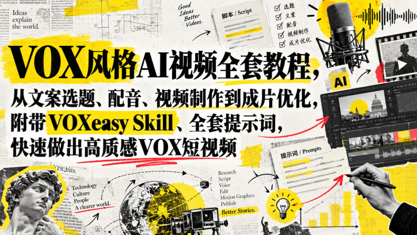 VOX风格AI视频全套教程，从文案选题、配音、视频制作到成片优化，附带VOXeasy Skill、全套提示词，快速做出高质感VOX短视频-稀缺资源库