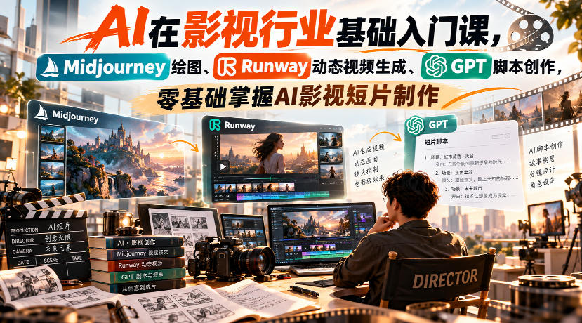 【无水印】AI在影视行业基础入门课，Midjourney绘图、Runway动态视频生成、GPT脚本创作，零基础掌握AI影视短片制作-稀缺资源库