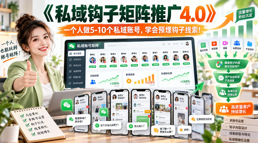 【无水印】《私域钩子矩阵推广4.0》一个人做5-10个私域账号，学会预埋钩子线索！-稀缺资源库