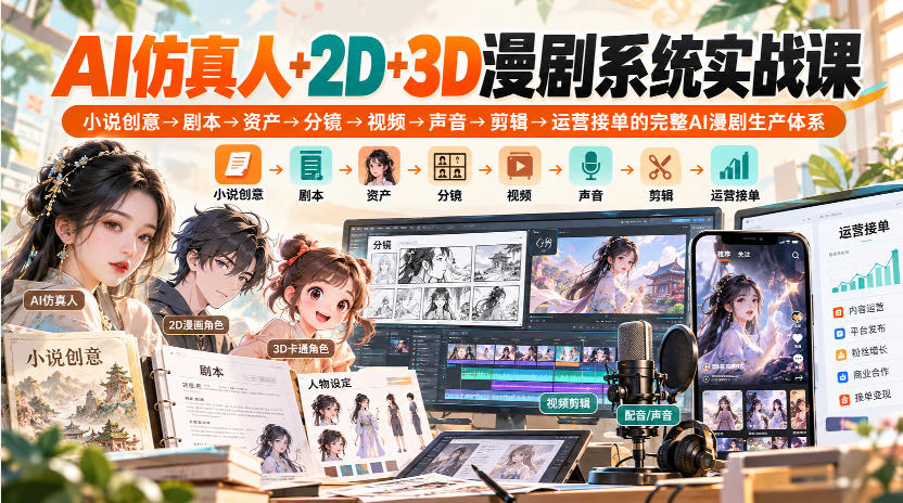 【无水印】AI仿真人+2D+3D漫剧系统实战课，小说创意→剧本→资产→分镜→视频→声音→剪辑→运营接单的完整AI漫剧生产体系-稀缺资源库