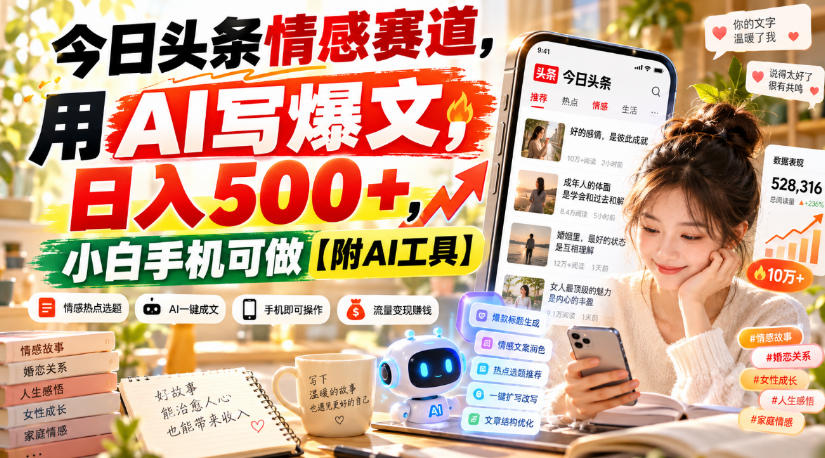 今日头条情感赛道，用AI写爆文，日入500+，小白手机可做【附AI工具】-稀缺资源库