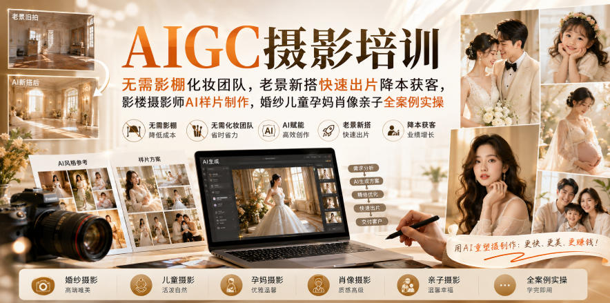 AIGC摄影培训｜无需影棚化妆团队，老景新搭快速出片降本获客，影楼摄影师AI样片制作，婚纱儿童孕妈肖像亲子全案例实操-稀缺资源库