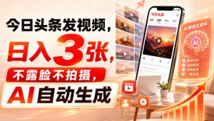 今日头条发视频，日入3张，不露脸不拍摄，AI自动生成-稀缺资源库