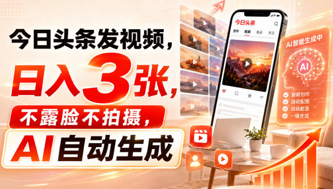 今日头条发视频，日入3张，不露脸不拍摄，AI自动生成-稀缺资源库