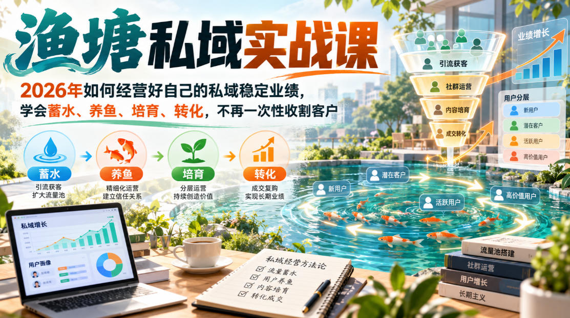 渔塘私域实战课，2026年如何经营好自己的私域稳定业绩，学会蓄水、养鱼、培育、转化，不再一次性收割客户-稀缺资源库