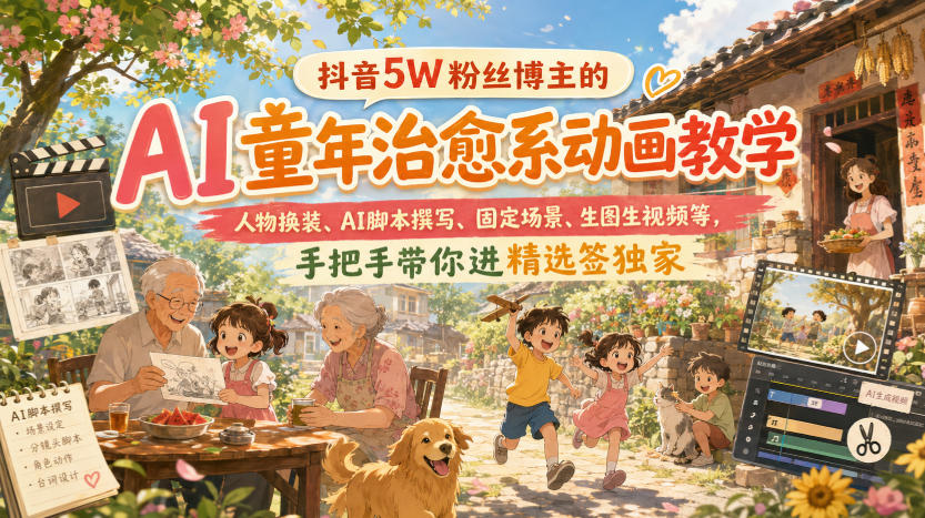 抖音5W粉丝博主的AI童年治愈系动画教学，人物换装、AI脚本撰写、固定场景、生图生视频等，手把手带你进精选签独家-稀缺资源库