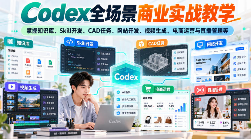 【无水印】Codex全场景商业实战教学，掌握知识库、Skill开发、CAD任务、网站开发、视频生成、电商运营与直播管理等-稀缺资源库