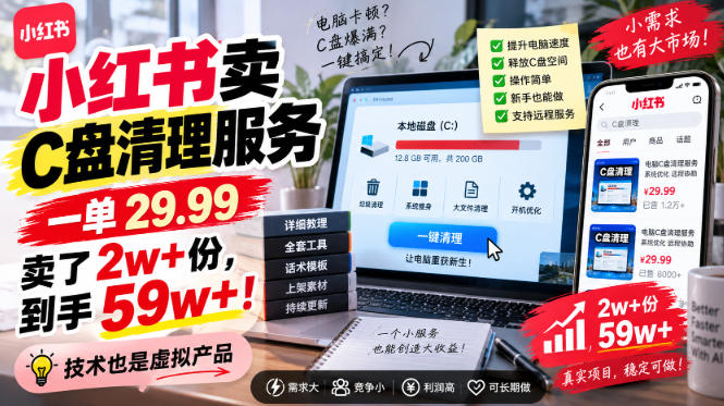 小红书卖C盘清理服务，一单29.99，卖了2w+份，技术也是虚拟产品-稀缺资源库