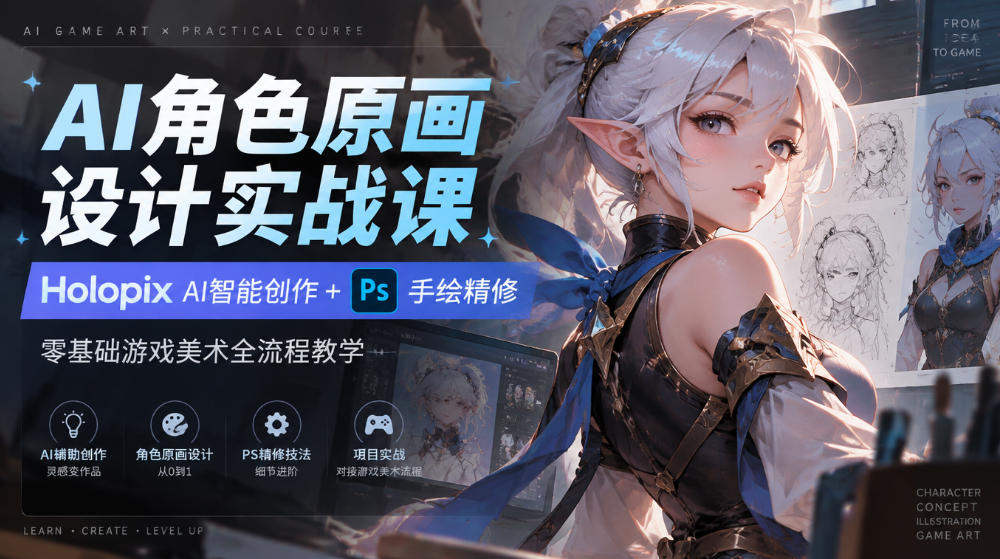 AI角色原画设计实战课｜Holopix AI智能创作+PS手绘精修，零基础游戏美术全流程教学-稀缺资源库