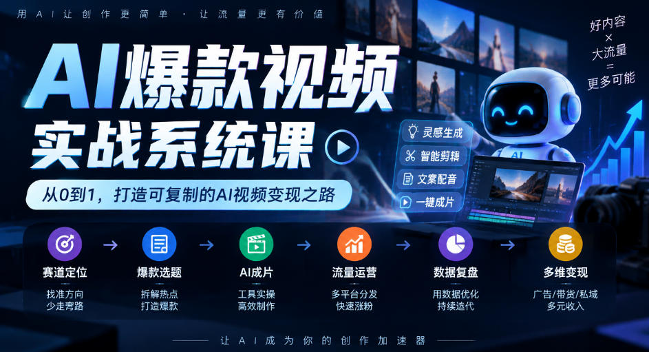 AI爆款视频实战系统课｜赛道定位、爆款选题、AI成片、流量运营、数据复盘、多维变现全链路教学-稀缺资源库
