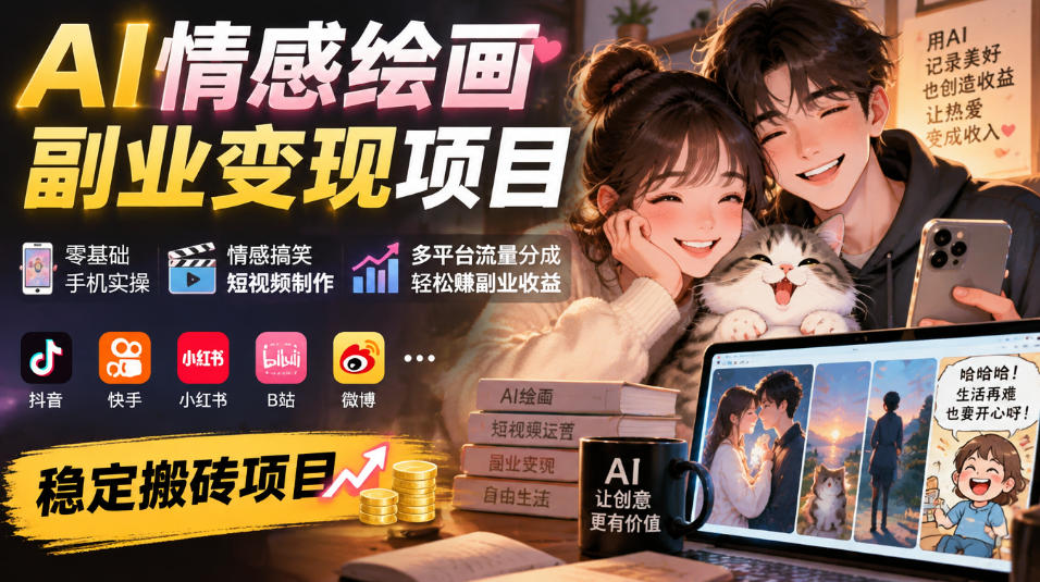 AI情感绘画副业变现项目｜零基础手机实操，情感搞笑短视频制作，多平台流量分成轻松賺副业收益-稀缺资源库