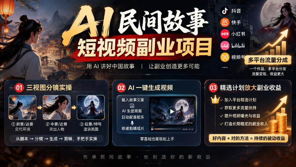 AI民间故事短视频副业项目，多平台流量分成，三视图分镜实操，精选计划放大副业收益-稀缺资源库