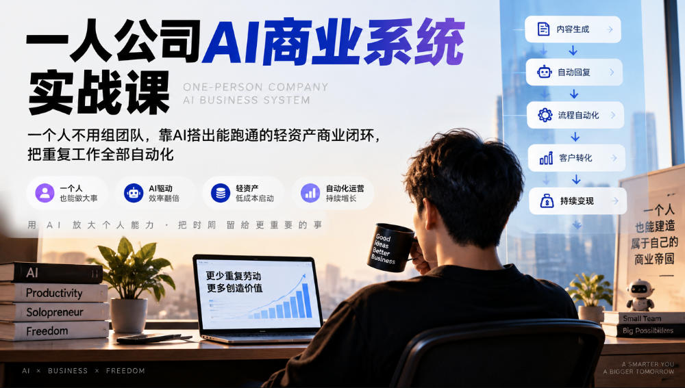 一人公司AI商业系统实战课，一个人不用组团队，靠AI搭出能跑通的轻资产商业闭环，把重复工作全部自动化-稀缺资源库