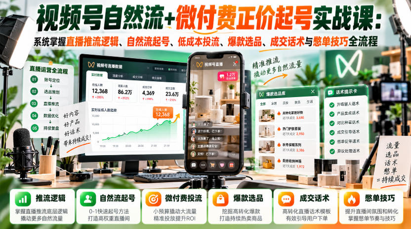 视频号自然流+微付费正价起号实战课：系统掌握直播推流逻辑、自然流起号、低成本投流、爆款选品、成交话术与憋单技巧全流程-稀缺资源库