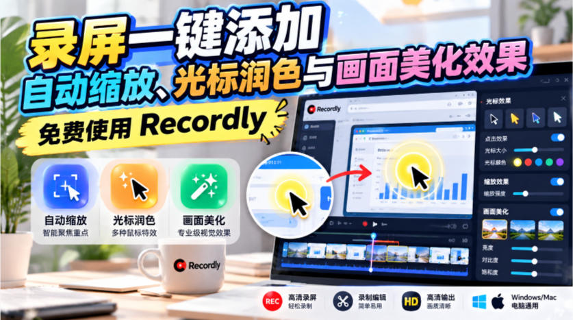录屏一键添加自动缩放、光标润色与画面美化效果，免费使用Recordly-稀缺资源库