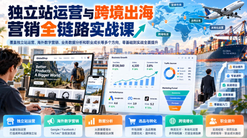 独立站运营与跨境出海营销全链路实战课，覆盖独立站运营、海外数字营销、业务数据分析和职业成长等多个方向，零基础到实战全面提升-稀缺资源库