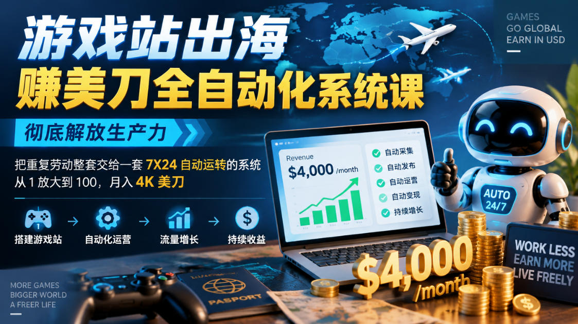 游戏站出海賺美刀全自动化系统课，彻底解放生产力–把重复劳动整套交给一套7X24自动运转的系统，从1放大到100，月入4K美刀-稀缺资源库