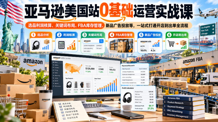 亚马逊美国站0基础运营实战课｜选品利润核算、关键词布局、FBA库存管理、新品广告投放等，一站式打通开店到出单全流程-稀缺资源库