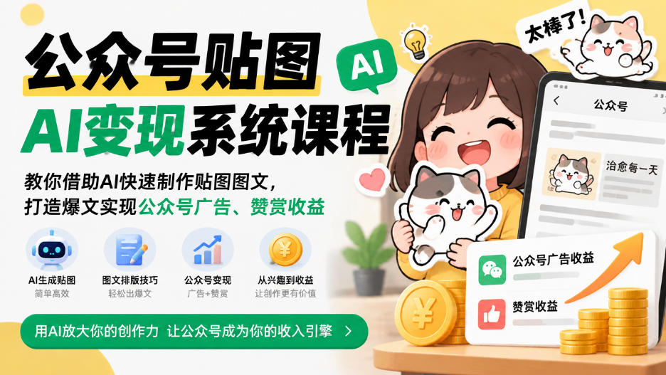公众号贴图AI变现系统课程｜教你借助AI快速制作贴图图文，打造爆文实现公众号广告、赞赏收益-稀缺资源库