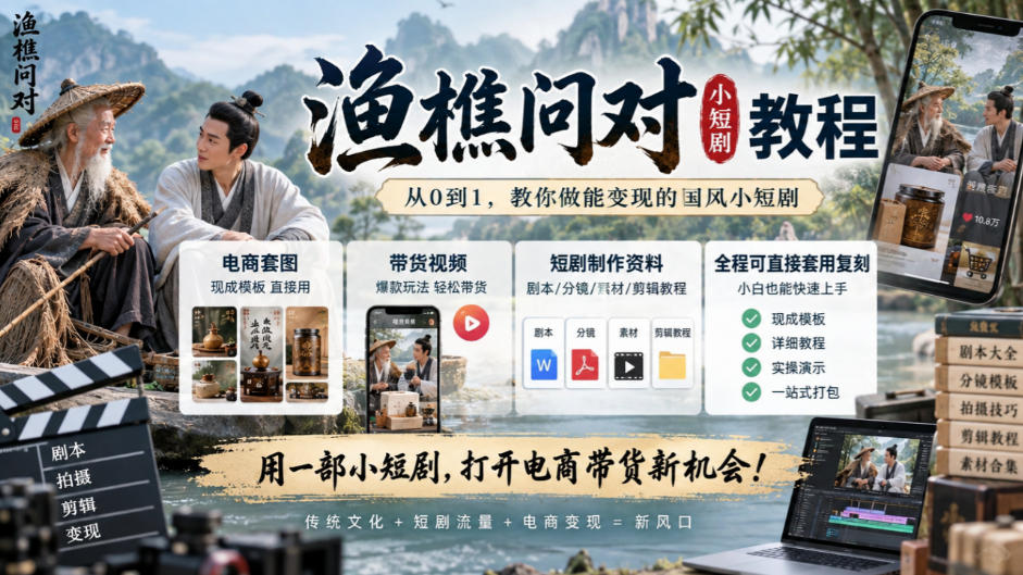 渔樵问对小短剧教程，包含电商套图、带货视频，短剧制作资料，全程可直接套用复刻-稀缺资源库