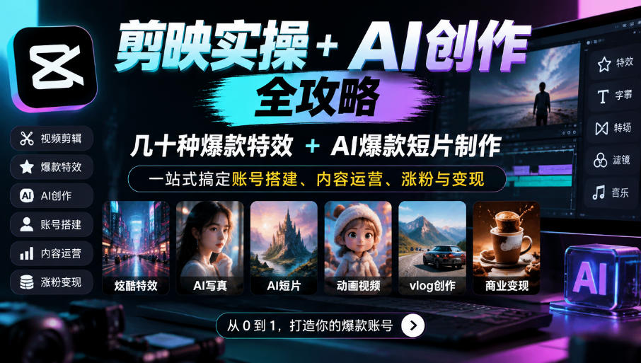 剪映实操+AI创作全攻略｜几十种爆款特效+AI爆款短片制作，一站式搞定账号搭建、内容运营、涨粉与变现-稀缺资源库