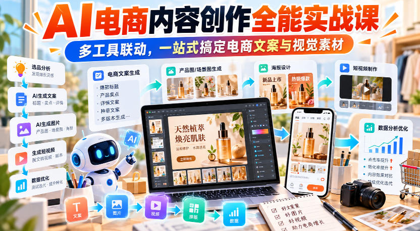 【无水印】AI电商内容创作全能实战课｜多工具联动，一站式搞定电商文案与视觉素材-稀缺资源库