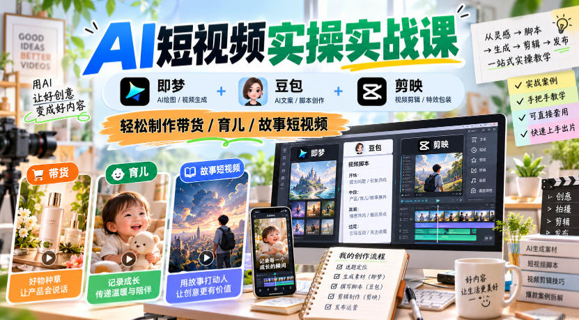 AI短视频实操实战课,即梦+豆包+剪映,轻松制作带货/育儿/故事短视频