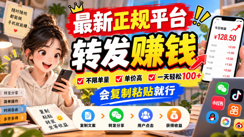 最新正规平台，转发賺钱，不限单量，单价高，一天轻松100+，会复制粘贴就行【揭秘】-稀缺资源库