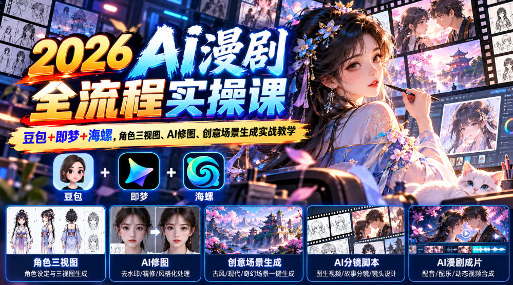 【无水印】2026 AI漫剧全流程实操课｜豆包+即梦+海螺，角色三视图、AI修图、创意场景生成实战教学-稀缺资源库
