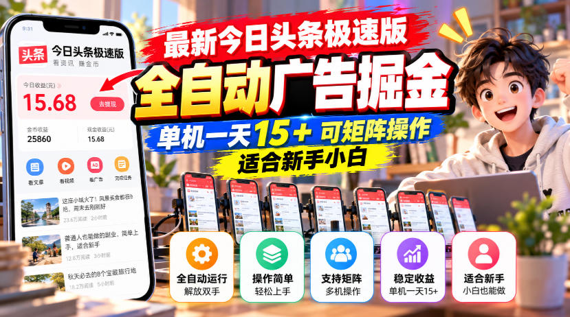 最新今日头条极速版全自动广告掘金，单机一天15+可矩阵操作适合新手小白-稀缺资源库