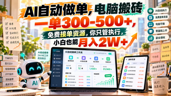 AI自动做单，电脑搬砖一单300-500+，免费接单资源，你只管执行，小白也能月入2W+【揭秘】-稀缺资源库