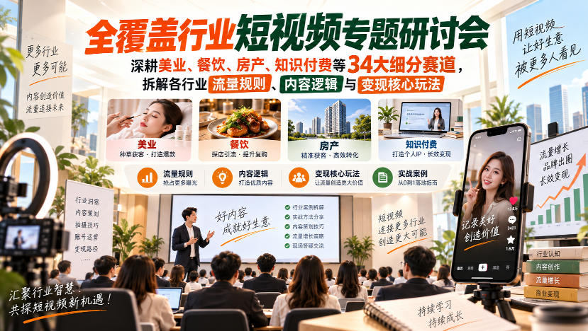 短视频专题研讨会，深耕美业、餐饮、房产、知识付费等34大细分赛道，拆解各行业流量规则、内容逻辑与变现核心玩法（更新1011）-稀缺资源库