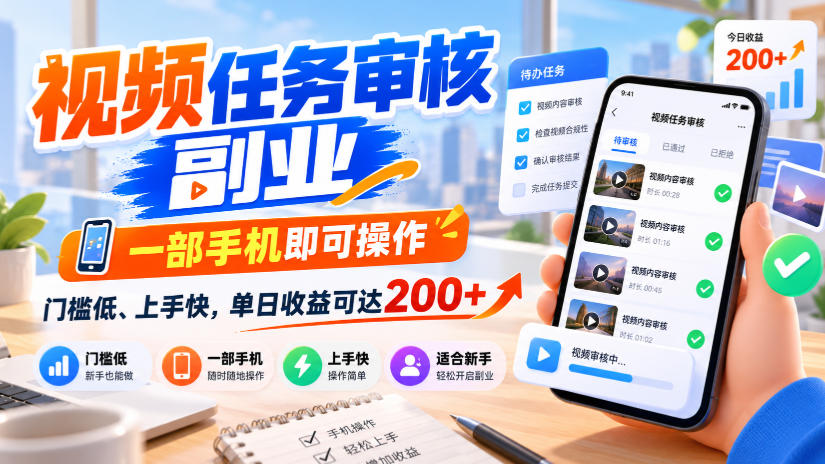 视频任务审核副业，一部手机即可操作，门槛低、上手快，单日收益可达200+【揭秘】-稀缺资源库