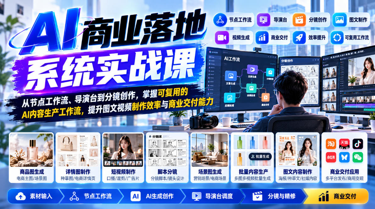 【无水印】AI商业落地系统实战课，从节点工作流、导演台到分镜创作，掌握可复用的AI内容生产工作流，提升图文视频制作效率与商业交付能力-稀缺资源库