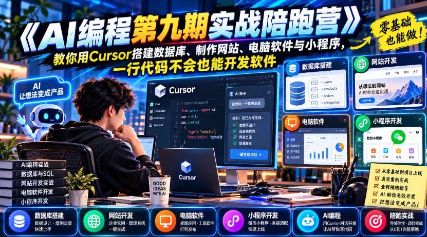 【无水印】《AI编程第九期实战陪跑营》教你用Cursor搭建数据库、制作网站、电脑软件与小程序，一行代码不会也能开发软件-稀缺资源库