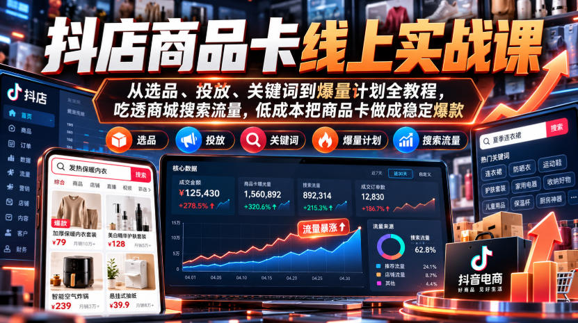 抖店商品卡线上实战课｜从选品、投放、关键词到爆量计划全教程，吃透商城搜索流量，低成本把商品卡做成稳定爆款-稀缺资源库