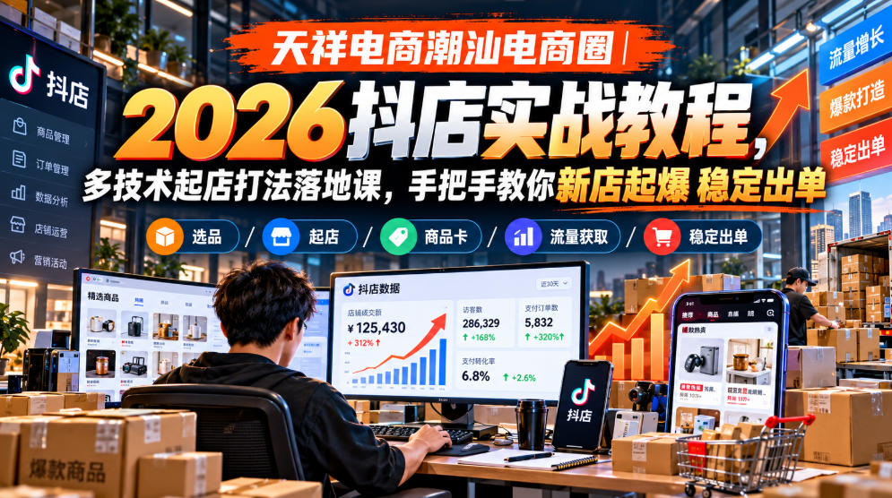 天祥电商潮汕电商圈｜2026抖店实战教程，多技术起店打法落地课，手把手教你新店起爆稳定出单-稀缺资源库