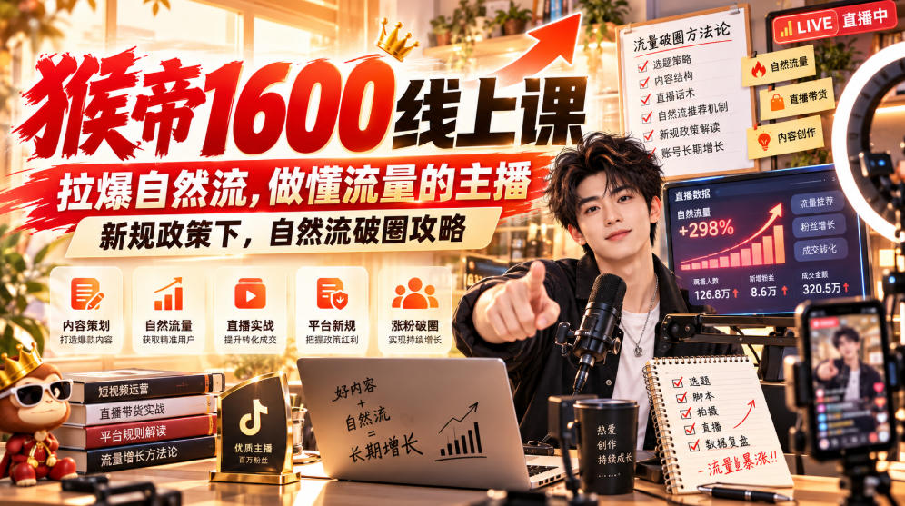 猴帝1600线上课，拉爆自然流，做懂流量的主播，新规政策下，自然流破圈攻略【更新261002】-稀缺资源库